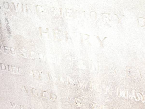 Henry,  | son of T. & M.A. EASTWELL,  | died Warwick 1 May 1898 aged 26 years;  | Swan Creek Anglican cemetery, Warwick Shire  | 