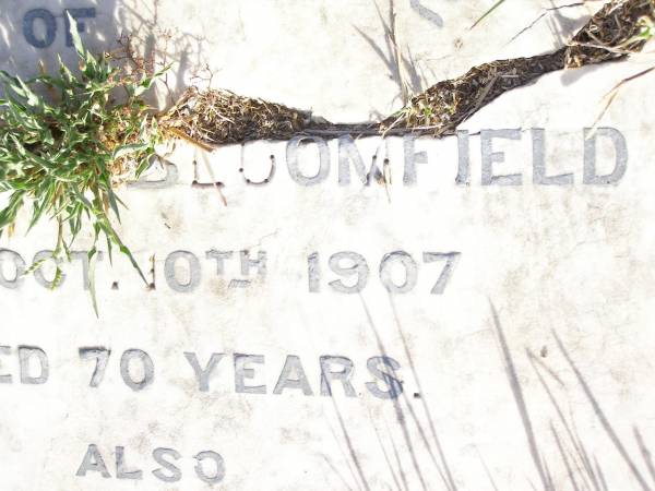 William BLOOMFIELD,  | died 10 Oct 1907 aged 70 years;  | Emma E. BLOOMFIELD,  | died 26 July 1903 aged 67 years;  | Swan Creek Anglican cemetery, Warwick Shire  | 