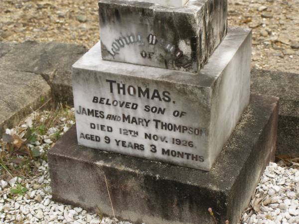 Alice Josephine,  | daughter of James & Mary THOMPSON,  | died 2 Feb 1923 aged 1 year 3 months;  | Thomas,  | son of James & Mary THOMPSON,  | died 12 Nov 1926 aged 9 years 3 months;  | James Edward THOMPSON,  | 5 Nov 1913 - 19 Sept 2000;  | Tallebudgera Catholic cemetery, City of Gold Coast  | 