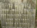 
John Joseph DWYER,
died 9 June 1886 aged 43 years;
Annie & Edward,
died in infancy;
Edward St John DWYER,
died 19 March 1912 aged 31 years 11 months;
Maria DWYER,
born Co Meath Ireland 1844,
died 10 Aug 1926 aged 82 years;
Tallebudgera Catholic cemetery, City of Gold Coast
