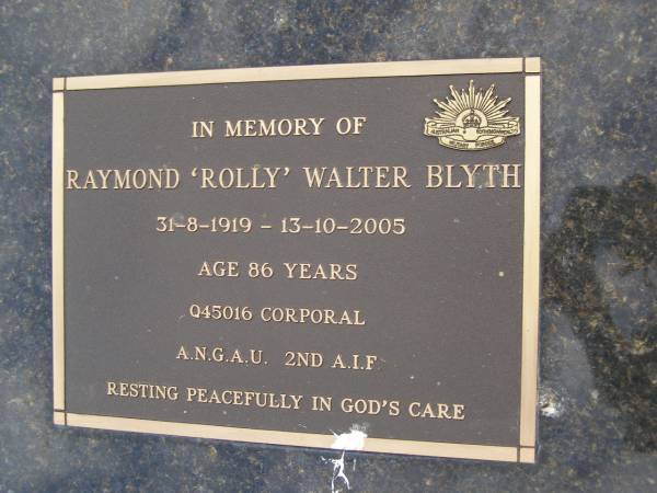 Raymond (Rolly) Walter BLYTH,  | 31-8-1919 - 13-10-2005 aged 86 years;  | Tallebudgera Presbyterian cemetery, City of Gold Coast  | 
