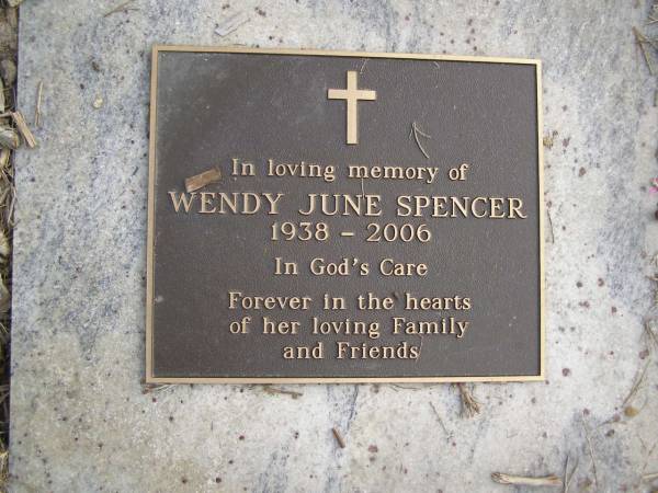 Wendy June SPENCER,  | 1938 - 2006;  | Tallebudgera Presbyterian cemetery, City of Gold Coast  | 