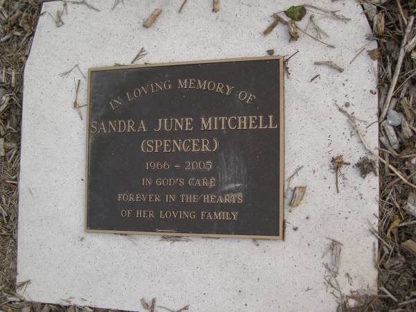 Sandra June MITCHELL (SPENCER),  | 1966 - 2005;  | Tallebudgera Presbyterian cemetery, City of Gold Coast  | 