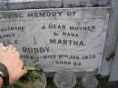 
James F. RUDDY,
husband father,
died 14 Nov 1958 aged 78 years;
Martha RUDDY,
mother nana,
died 9 Jan 1973 aged 82 years;
Tallebudgera Presbyterian cemetery, City of Gold Coast
