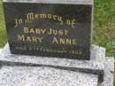 
Mary Anne JUST,
baby,
died 7 Feb 1953;
Tallebudgera Presbyterian cemetery, City of Gold Coast
