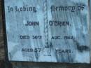John O'BRIEN 30 Aug 1952 aged 57  Tamborine Catholic Cemetery, Beaudesert  