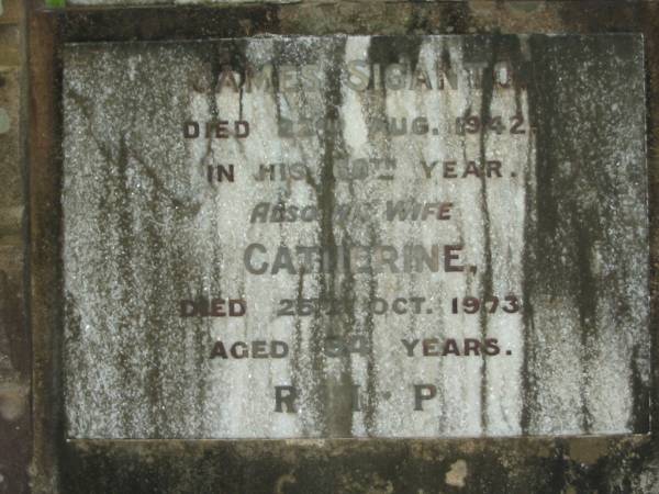 James SIGANTO  | 22 Aug 1942  | aged 60  |   | wife  | Catherine (SIGANTO)  | 25 Oct 1973  | aged 94  |   | Tamborine Catholic Cemetery, Beaudesert  |   | 