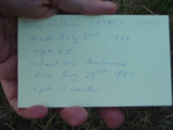 John William HAYNES EVANS  | 2 Aug 1888  | aged 45  |   | infant son Ambrose  | 23 Aug 1880  | aged 10 months  |   | Tamborine Catholic Cemetery, Beaudesert  |   | 