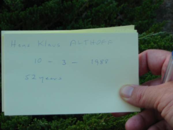 Hans Klaus ALTHOFF  | 10 Mar 1988  | aged 52  |   | Tamborine Catholic Cemetery, Beaudesert  |   | 