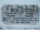 
Thomas Henry TODD
b: 5 Jun 1896, d: 27 Jan 1953
Annie Isabel TODD
b: 16 Oct 1901
d: 1 Apr 1978
Tamrookum All Saints church cemetery, Beaudesert 
