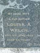 
Isaac WELCH
17 Jul 1958, aged 90
Louisa A WELCH
5 Jun 1938, aged 65
Tamrookum All Saints church cemetery, Beaudesert
