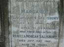 
James SALISBURY
31 May 1907, aged 79
Margaret
(wife of) James SALISBURY
3 Jun 1927, aged 81
(daughter) Rebecca Morgan SALISBURY
20 May 1962, aged 76
(son) gunner Wm SALISBURY
(killed in action, France)
20 Jul 1917, aged 35
Tamrookum All Saints church cemetery, Beaudesert
