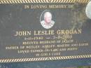 
John Leslie GROGAN
b: 1 Nov 1940, d: 2 Aug 2003
(husband of Dulcie, father of Wesley, Ashley, Martin, Gavin)
Tamrookum All Saints church cemetery, Beaudesert
