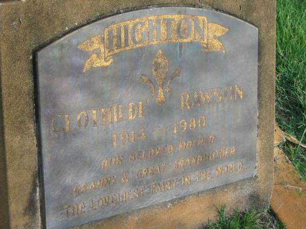 Clothilde RAWSON  | b: 1914, d: 1980  | Tamrookum All Saints church cemetery, Beaudesert  | 