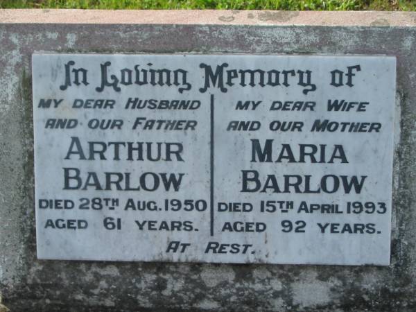 Arthur BARLOW  | d: 28 Aug 1950, aged 61  | Maria BARLOW  | d: 15 Apr 1993, aged 92  | Tamrookum All Saints church cemetery, Beaudesert  | 