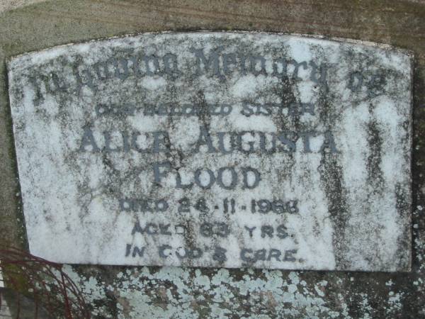 Alice Augusta FLOOD  | d: 24 Nov 1966, aged 63  | Edna Frances SMILES  | b: 5 Dec 1912, d: 21 Oct 1952  | Tamrookum All Saints church cemetery, Beaudesert  | 