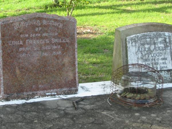 Alice Augusta FLOOD  | d: 24 Nov 1966, aged 63  | Edna Frances SMILES  | b: 5 Dec 1912, d: 21 Oct 1952  | Tamrookum All Saints church cemetery, Beaudesert  | 