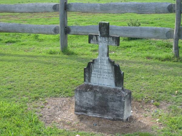 Susan GOODIN  | b: 9 Jun 1841, d: 9 Apr 1895  | (husband) James GOODIN  | b: 28 Sep 1828, d: 2 Apr 1911  | Tamrookum All Saints church cemetery, Beaudesert  | 