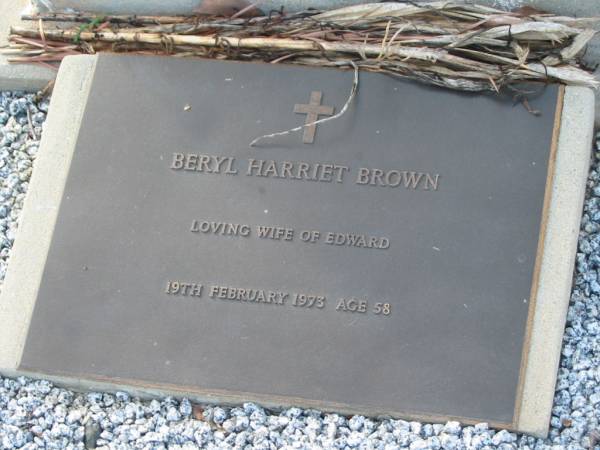 Beryl Harriet BROWN  | (wife of Edward)  | 19 Feb 1973, aged 58  | Tamrookum All Saints church cemetery, Beaudesert  | 