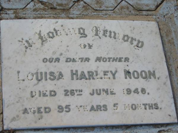 Louisa Harley NOON  | 26 Jun 1946, aged 95 years 5 months  | Tamrookum All Saints church cemetery, Beaudesert  | 