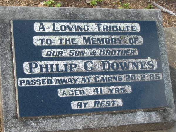 Philip G DOWNES  | d: Cairns 20 Feb 1985, aged 41  | Tamrookum All Saints church cemetery, Beaudesert  | 