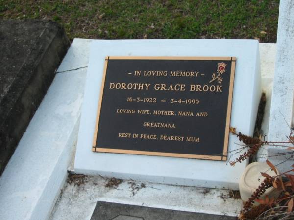 George Cresswell BROOK  | 25 Aug 1989, aged 78  | Geoffrey Cresswell BROOK  | (accidentally killed) 3 Sep 1966, aged 20  |   | Dorothy Grace BROOK  | b: 16 Mar 1922, d: 3 Apr 1999  |   | Tamrookum All Saints church cemetery, Beaudesert  | 