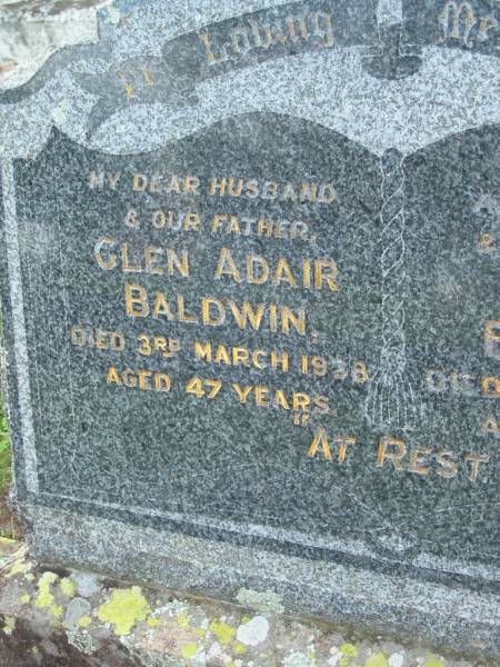 Glen Adair BALDWIN  | d: 3 Mar 1938, aged 47  | Annie BALDWIN  | d: 19 Sep 1989, aged 81  | Tamrookum All Saints church cemetery, Beaudesert  | 