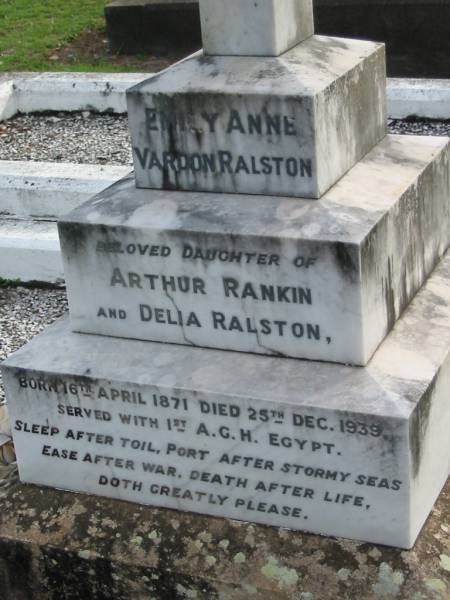 Arthur Rankin RALSTON  | b: 12 Aug 1842, d: 11 Sep 1933  | Delia RALSTON  | b:17 Apr 1844, d: 12 Aug 1929  | (mother of) Emily  |   | Emily Anne Vardon RALSTON  | (daughter of) Arthur Rankin and Delia RALSTON  | b: 16 Apr 1871, d: 25 Dec 1939  |   | Joseph Walter RALSTON  | (son of) Arthur Rankin and Delia RALSTON  | b: 17 Aug 1873, d: 2 Sep 1929  |   | J.W.R.  |   | Tamrookum All Saints church cemetery, Beaudesert  | 