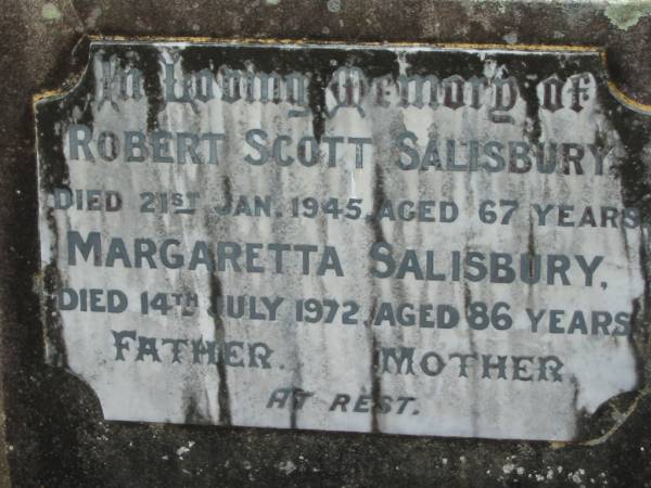 Robert Scott SALISBURY  | 21 Jan 1945, aged 67  | Margaretta SALISBURY  | 14 Jul 1972, aged 86  | Tamrookum All Saints church cemetery, Beaudesert  | 