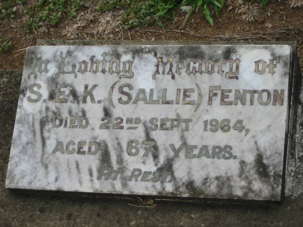 S.E.K (Sallie) FENTON  | 22 Sep 1964, aged 67  | Tamrookum All Saints church cemetery, Beaudesert  | 