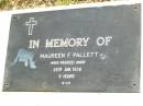 
Maureen F. PALLETT,
died 26 Jan 1938 aged 6 hours;
Tarampa Apostolic cemetery, Esk Shire
