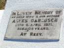 
Agnes DARGUSCH, wife mother,
died 9 April 1951 aged 35 years;
Tarampa Apostolic cemetery, Esk Shire
