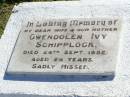 
Gwendolen Ivy SCHIPPLOCK, wife mother,
died 24 Sept 1952 aged 26 years;
Tarampa Apostolic cemetery, Esk Shire
