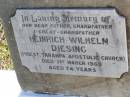 
Heinrich Wilhelm DIESING,
father grandfather great-grandfather,
priest Tarampa Apostolic Church,
died 1 March 1969 aged 74 years;
Tarampa Apostolic cemetery, Esk Shire
