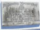 
Alvina SCHULTZ, mother,
wife of Otto A. SCHULTZ,
died 29 April 1992 aged 87 years;
Tarampa Apostolic cemetery, Esk Shire

