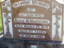 
Alice M. MARSCHKE, wife,
died 29 March 1970 aged 57 years;
Tarampa Apostolic cemetery, Esk Shire
