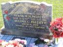 
Frank R.H. PALLETT, husband father,
born 31-3-1907 died 11-6-1980;
Alvina C. PALLETT,
died 18-6-2004 interred Lawn Cemetery;
Tarampa Apostolic cemetery, Esk Shire
