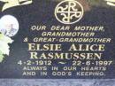 
Elsie Alice RASMUSSEN,
mother grandmother great-grandmother,
4-2-1912 - 22-6-1997;
Tarampa Apostolic cemetery, Esk Shire
