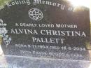 
Alvina Christina PALLETT,
born 8-11-1904 died 18-6-2004,
with Frank;
Tarampa Apostolic cemetery, Esk Shire
