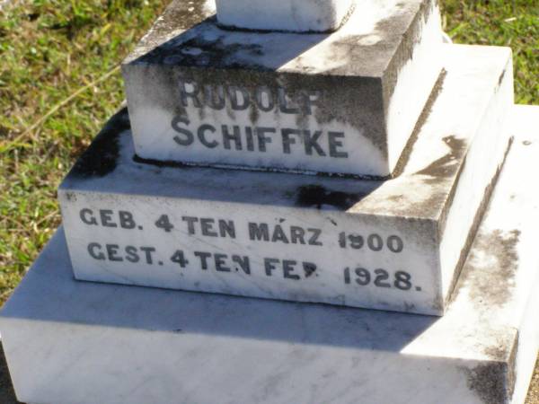 Rudolf SCHIFFKE,  | born 4 March 1900 died 4 Feb 1928;  | Tarampa Apostolic cemetery, Esk Shire  | 