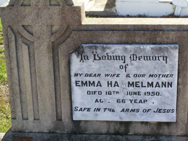Emma HAMMELMANN, wife mother,  | died 18 June 1950 aged 66 years;  | Tarampa Apostolic cemetery, Esk Shire  | 