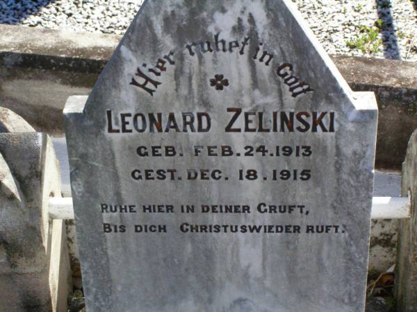 Leonard ZELINSKI,  | born 24 Feb 1913 died 18 Dec 1915;  | Tarampa Apostolic cemetery, Esk Shire  | 