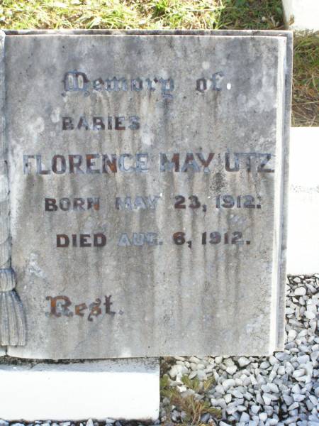 babies;  | Vincent HINE,  | born 14 Feb 1913 died 16 April 1913;  | Florence May UTZ,  | born 23 May 1912 died 6 Aug 1912;  | Tarampa Apostolic cemetery, Esk Shire  | 