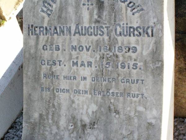Hermann AUgust GURSKI,  | born 16 Nov 1879 died 15 Mar 1915;  | Tarampa Apostolic cemetery, Esk Shire  | 