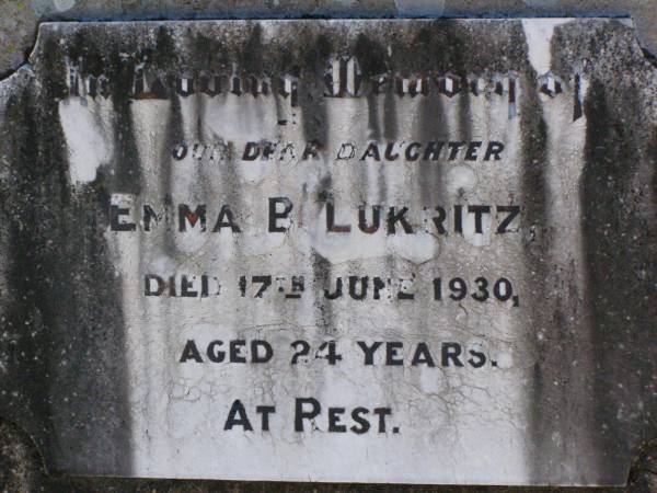 Emma, B. LUKRITZ, daughter,  | died 17 June 1930 aged 24 years;  | Tarampa Apostolic cemetery, Esk Shire  | 
