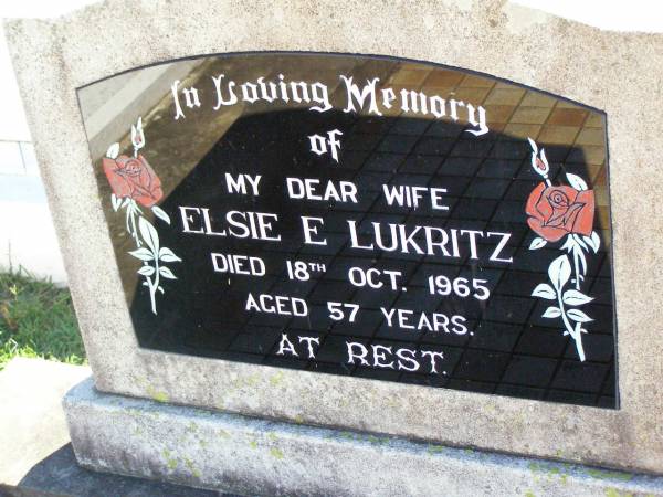 Elsie E. LUKRITZ, wife,  | died 18 Oct 1965 aged 57 years;  | Tarampa Apostolic cemetery, Esk Shire  | 