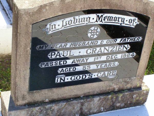 Paul GRANZIEN, husband father,  | died 1 Dec 1964 aged 55 years;  | Tarampa Apostolic cemetery, Esk Shire  | 