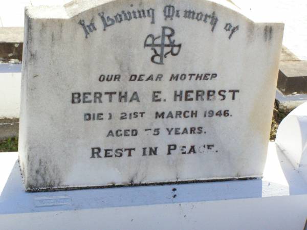 Bertha E. HERBST, mother,  | died 21 March 1946 aged 75 years;  | Tarampa Apostolic cemetery, Esk Shire  | 