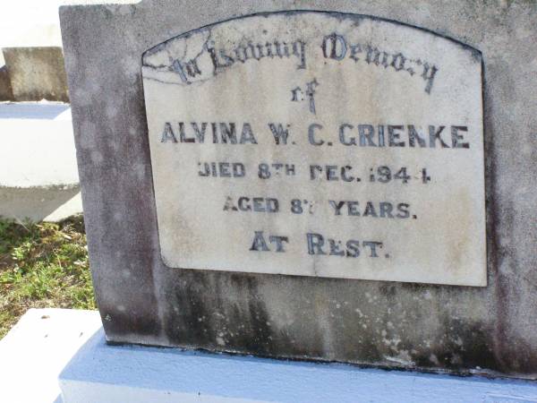 Alvina W.C. GRIENKE,  | died 8 Dec 1944 aged 87 years;  | Tarampa Apostolic cemetery, Esk Shire  | 