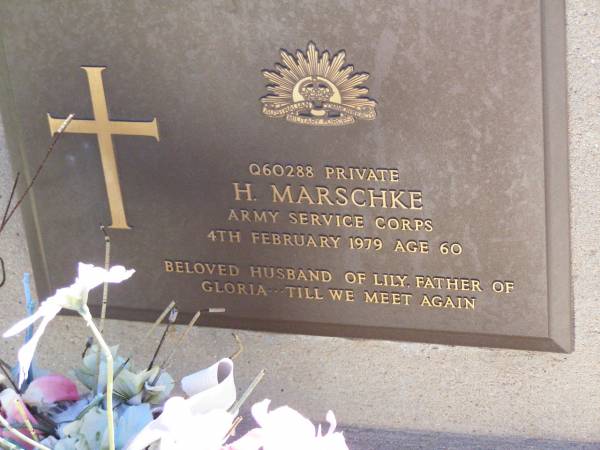 H. MARSCHKE,  | died 4 Feb 1979 aged 60 years,  | husband of Lily, father of Gloria;  | Tarampa Apostolic cemetery, Esk Shire  | 